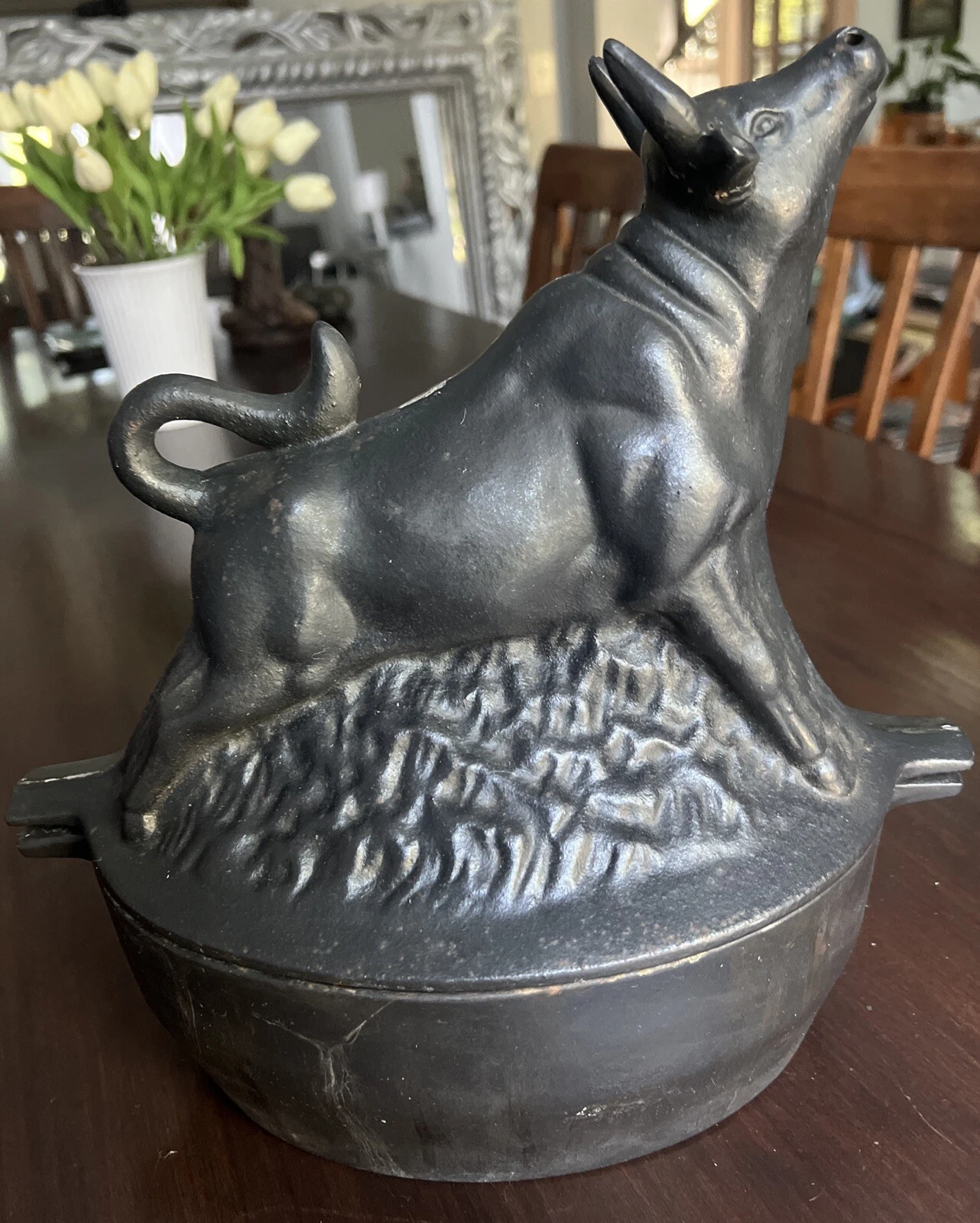 vintage figural cast iron dutch oven lidded bull shaped 2pcs. cooking pot rare