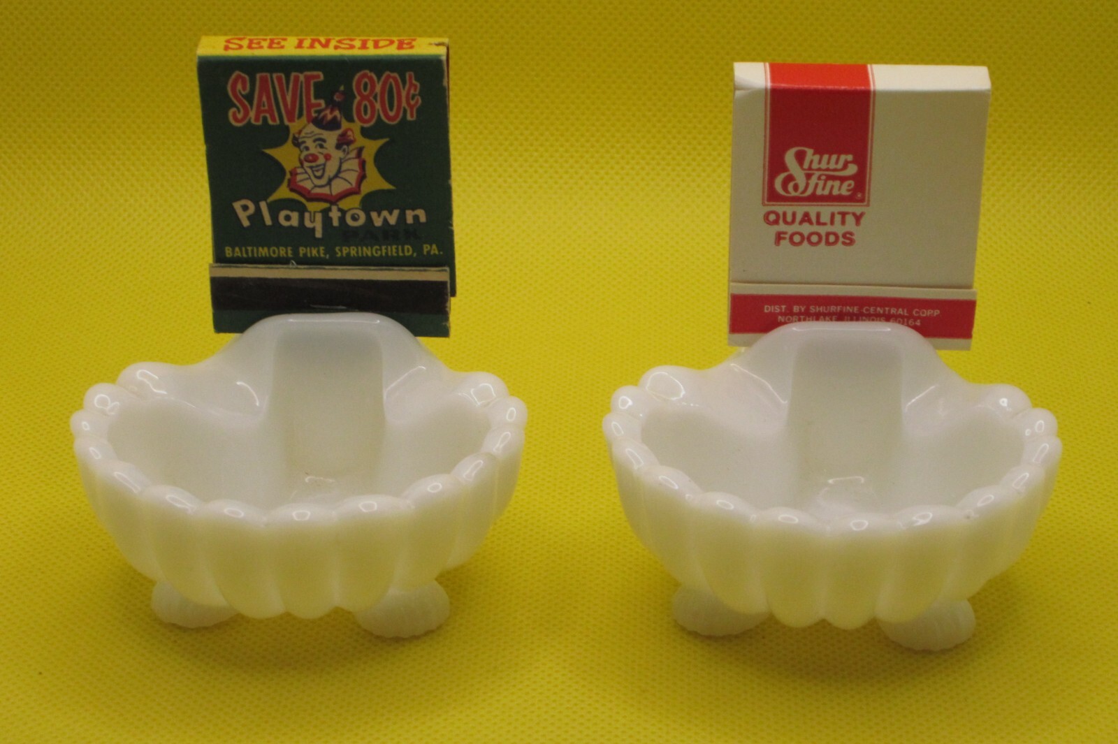 Vtg Pair Personal Milk Glass Ashtray match holder Mid-Century Cambridge 1950's