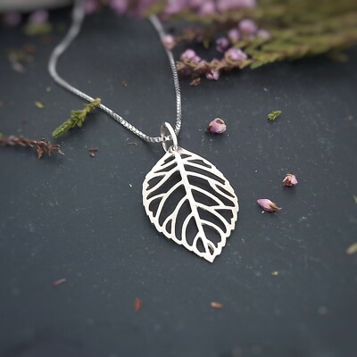 Schablone Blatt Ader Anhänger in Sterling Silber, zarter botanischer Schmuck Geschenk