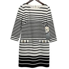 Eliza J Long Sleeve Striped Dress Nautical Shift Pockets Chic White/Black Size 6
