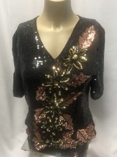VTG Stenay Sequin Beaded Top Blouse 100 Silk Black Gold Rose Flowers