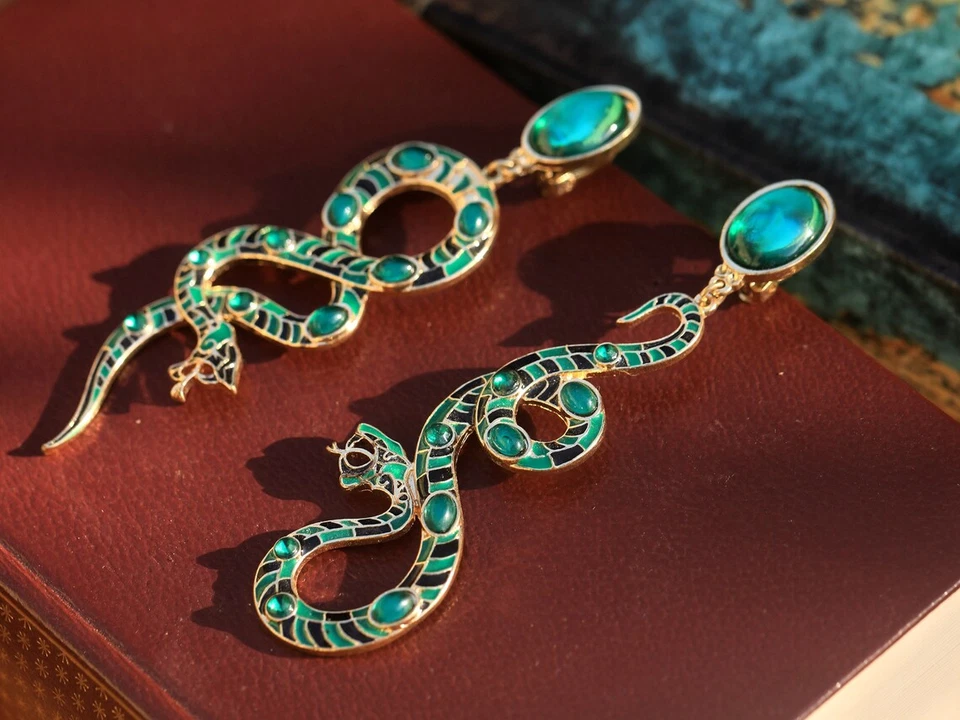 Ohrringe Clip Auf Golden Lang Schlange Grün Schwarz Vintage Stil QD1 - Bild 4 von 4