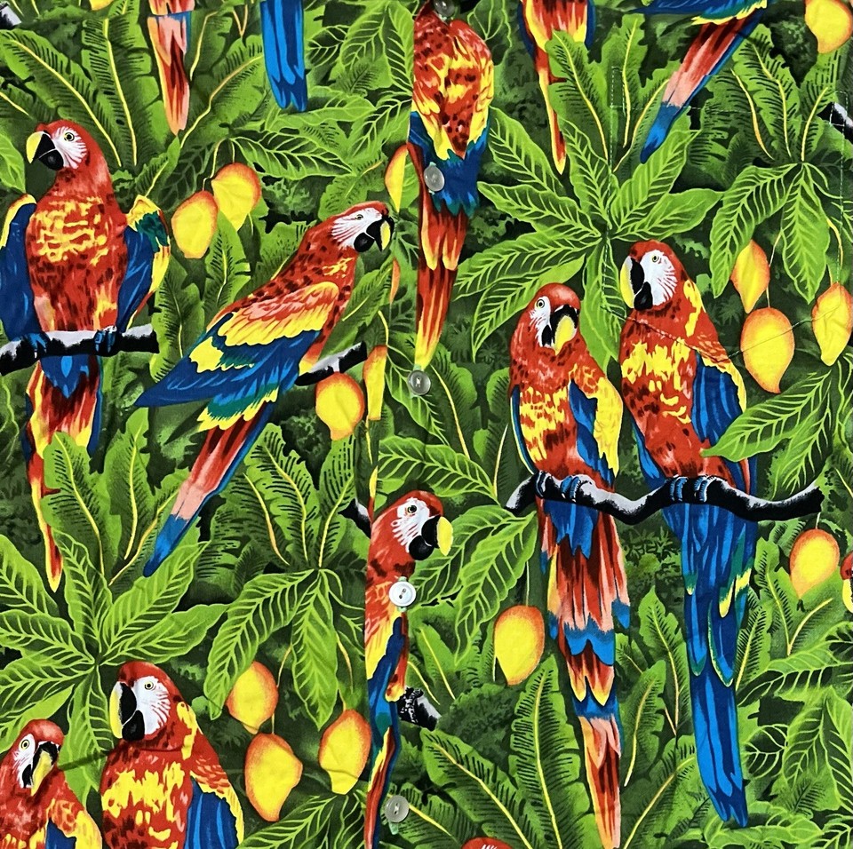 VTG Hilo Hattie Hawaiian Camp Shirt Large All Over Print Parrots USA ...