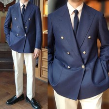 Men's Blue Peak Lapel Double Breasted Suit Tuxedo Parties Wedding Suit Jacket