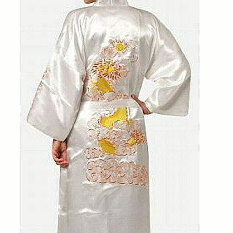 Cinese Uomo Donna lungo Raso Seta Vestaglia Ricamo Kimono Bagno Dragon Stile New - Immagine 4 di 4