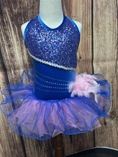 Curtain Call Razzle Dazzle Child's Dance Blue Velvet Leotard w Tutu Fringe