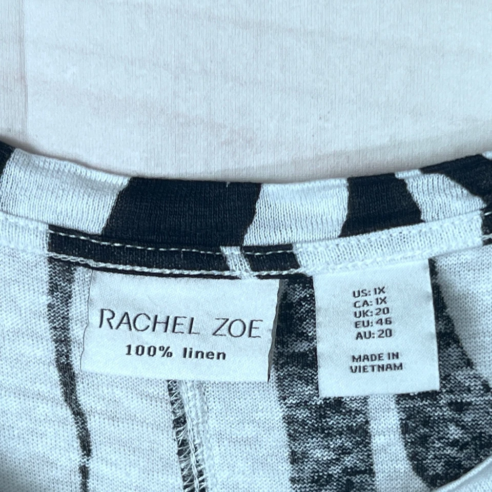 Camiseta Rachel Zoe Top Mujer 1X Negra Blanca Estampado Cebra Lino Tejido Manga Corta Foto 4 de 4