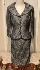 Maggy London Vintage Style Metallic Gray Black Brocade Jacket Skirt 2 Piece Set