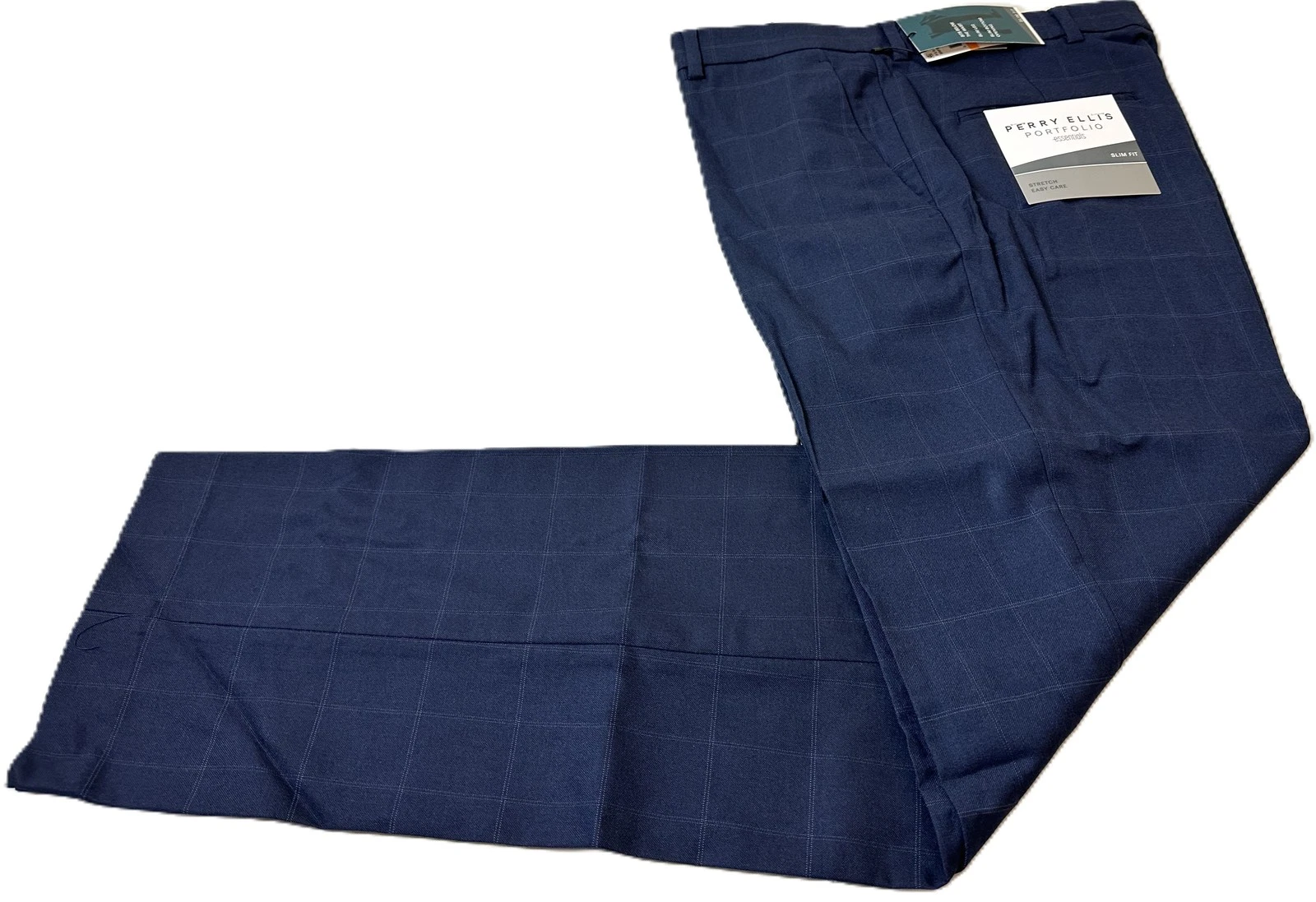 Perry Ellis Men's Slim-Fit Flat Front Dress Pants in Navy-33x32