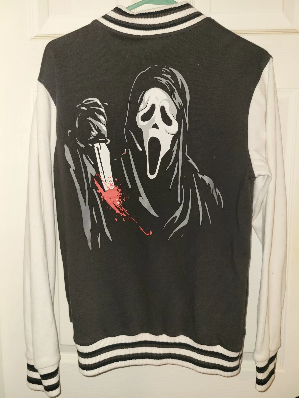 Ghost Face Icon of Halloween Varsity Jacket Black/White Snap Pockets S - product detail image 2