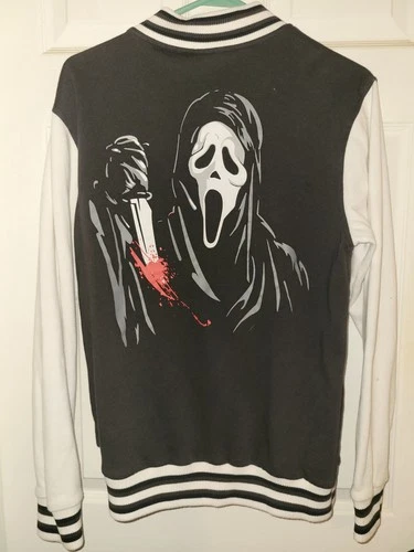 Ghost Face Icon of Halloween Varsity Jacket Black/White Snap Pockets S image 2