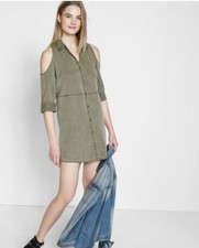 NWT Express Silky Soft Twill Cold Shoulder Shirt Dress Miss Green S