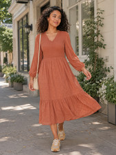 Old Navy Dress Womens Size Medium Midi Orange V Neck Smocked Long Sleeve NWT