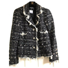 CHANEL 05C VINTAGE TWEED Black White JACKET BOWS RIBBON CC Buttons FR40