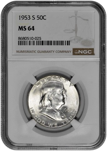 1953 S 50C Silver Franklin Half Dollar NGC Graded MS 64 in New Holder