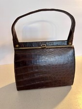VINTAGE LEATHER ALLIGATOR PURSE Chocolate Brown w Brass Hardware and Purse Feet