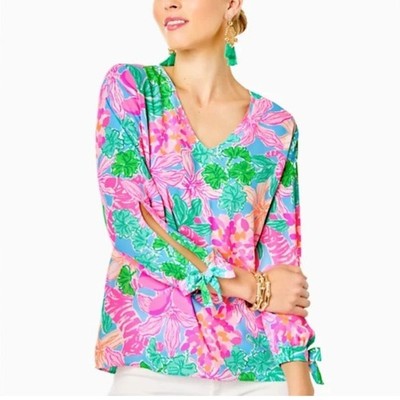 Lilly Pulitzer Pamala Top Multi Tiger s Lair V-neck Long Sleeve Bow Size XS