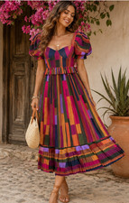 Farm Rio Painted Striped Pleated Blouson Sleeve Midi Dress Sz S Resort Boho Vaca