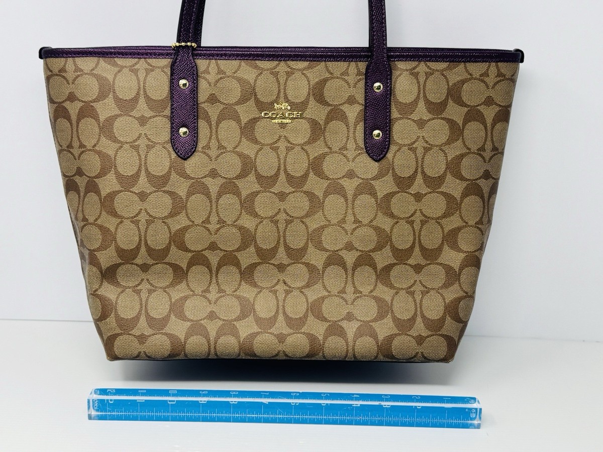 Coach NWT Khaki Metallic Raspberry Trim Signature City Zip Tote