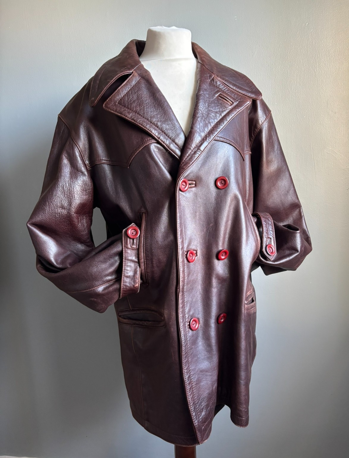 VINTAGE leather PEA COAT XL 46 jacket military oxblood warm heavy PRIVATE PLANET