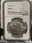 1925-S Peace Dollar $1 Silver Coin San Francisco Mint Business Strike NGC MS62
