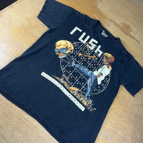 90s Rush Pus Head Band T Shirt Black Sz L Faded Dist 1990s vintage concert t-shirt, vintage, single stitch, B+ condition