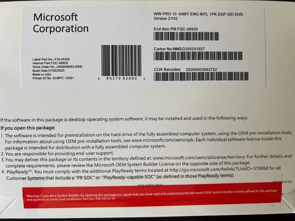 Microsoft Win Pro 10 64Bit English INTL 1PK DSP OEI DVD VERSION 21H2 - Image 2 of 3