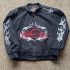 Y2K Orange County Choppers NY Bomber Jacket Size L Black Embroidered Flames EUC