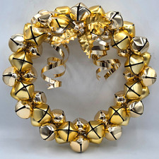 Christmas Gold Jingle Bell Wreath All Metal 2 Sided with Bow 12"