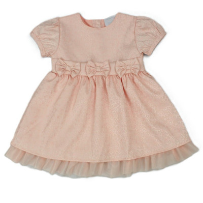 Baby Mädchen pfirsichrosa Kleid gewebt Jacquard Schleifen komplett gefüttert Tüll Rüschen 12m/1 Jahr