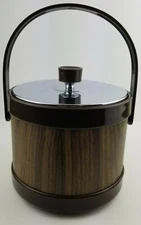 Vintage Atapco Ice Bucket Faux Wood Finish Mirrored Chrome Lid MCM Retro Barware