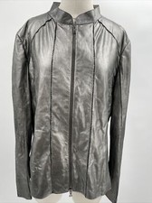 Jennifer Tattanelli Metallic Gray Patched Stitched Leather Zip Jacket Size 54