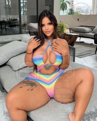 Thick Curvy Latina BBW Model Posing in Rainbow Swimsuit 8 x 10 in