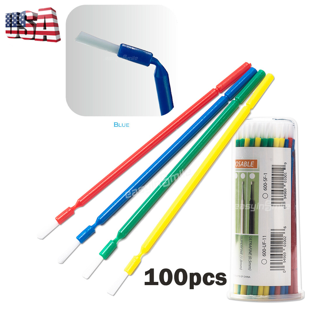 Easyinsmile Disposable Dental Micro Applicators - 100pc Bendable Brush Applicators In 4 Colors