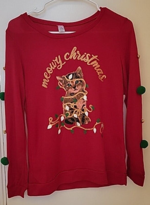 NWT Meowy Christmas Red Cat Holiday Jingle Bell Cute Christmas  Sweatshirt Sz S 