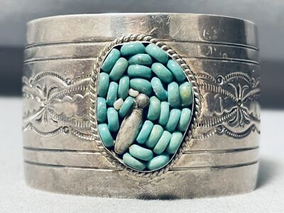 ONE OF THE MOST UNIQUE VINTAGE NAVAJO TURQUOISE INLAY STERLING SILVER BRACELET