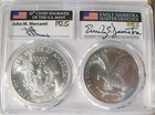 1986 & 2021 SILVER EAGLE PCGS MS70 70 JOHN MERCANTI & EMILY DAMSTRA FIRST STRIKE