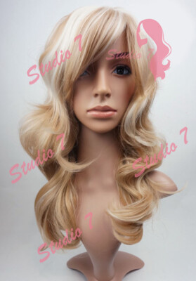 W27 Honigblonde Bleichblond Highlight Lange Wellige Synthetikperücke - studio7-uk 