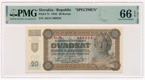 SLOVAKIA banknote 20 Korun 1942 specimen PMG MS 66 EPQ Gem Uncirculated