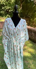 Indian Blue Floral Print Cotton Hippie Maxi Women Nightwear Caftan Dress