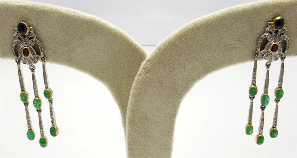 Echter Smaragd Rubin Saphir Edelstein 925 Sterlingsilber Pavé Diamant Ohrring - Bild 2 von 4