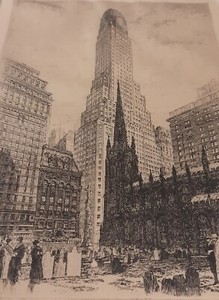 ONE WALL ST 1931 ART DECO Skyscraper FRAMED Etching RALPH WALKER NYC RARE