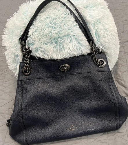 COACH Turnlock Edie Navy Leather Shoulder Bag Black Silver Trim #E1781-36855
