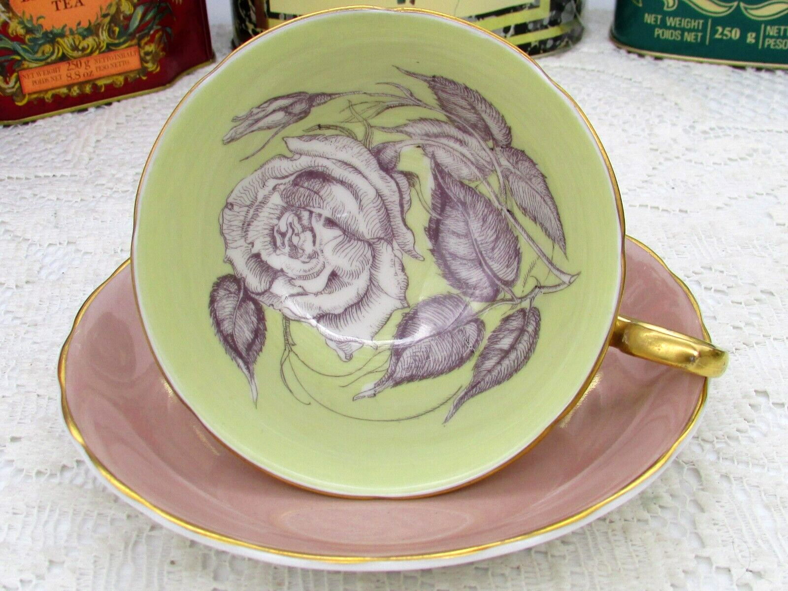 RARE SUSIE COOPER LARGE FLOATING ROSE SANDY BEIGE TEA CUP AND SAUCER
