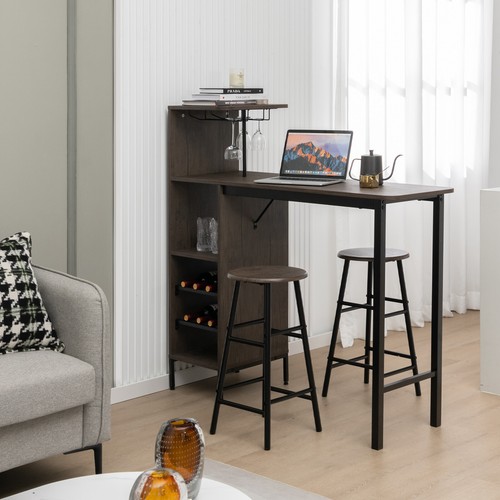 3Pcs Bar Table Chairs Set Industrial Pub Table 2 Stools Storage Shelf Wine Rack - Picture 3 of 10