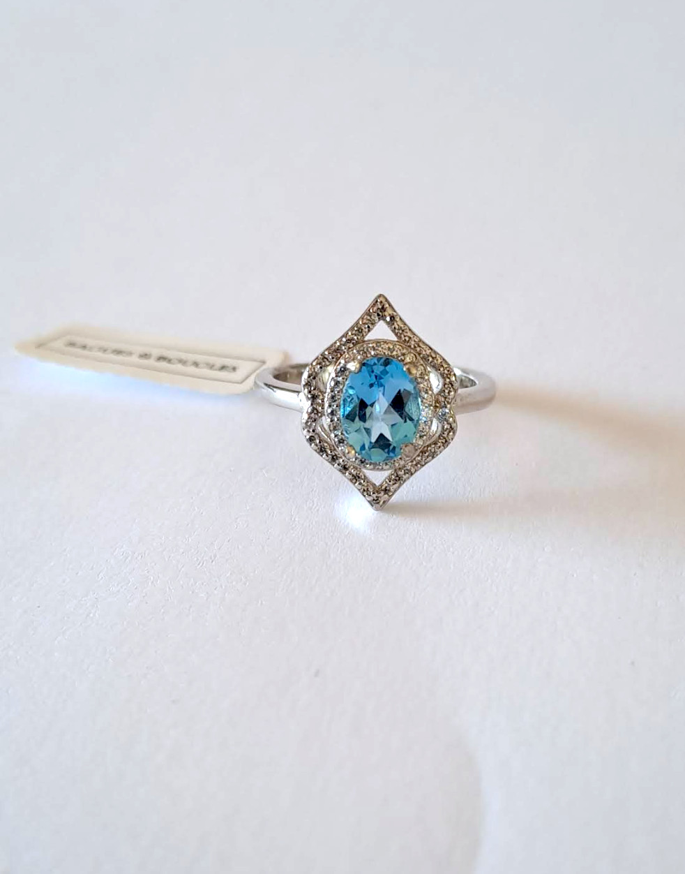 Bague topaze bleu suisse argent 925 or blanc taille 55 cadeau anniversaire idéal