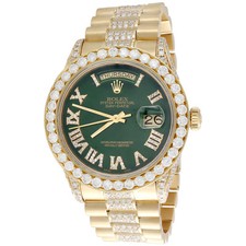 18K Gold 36mm Rolex President Day-Date 18038 Diamond Watch Green Dial 10.27 CT.