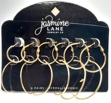 Jasmine Lane Jewelry Hypoallergenic 6 Pair Gold Tone Mixed Sz Hoops New on Card
