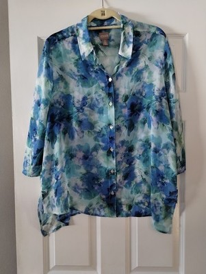 Chico s Floral Button-Up Long Shirt Watercolor Style Pattern Roll-Tab Sleeve