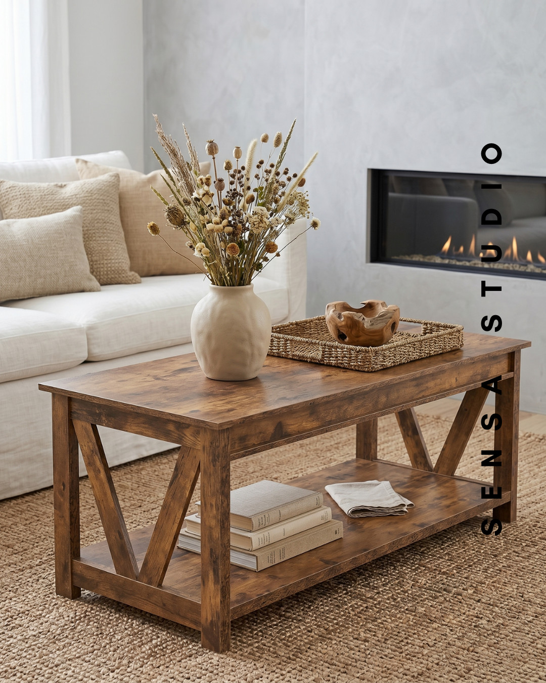 Modern Rustic Coffee Table with Storage Shelf Industrial Far